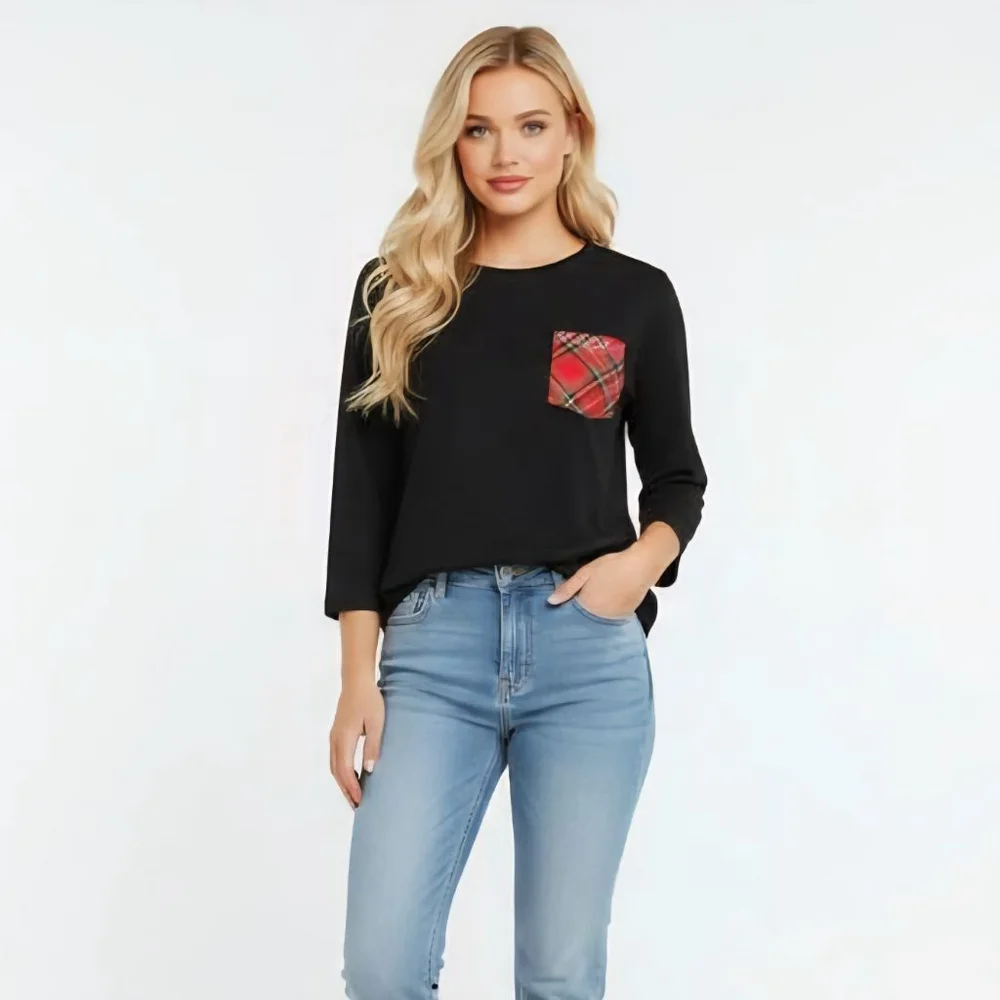Quacker Factory XS Black with Red Tartan Plaid Pocket 3/4 Sleeve Tunic Shirt - Picture 1 of 8
